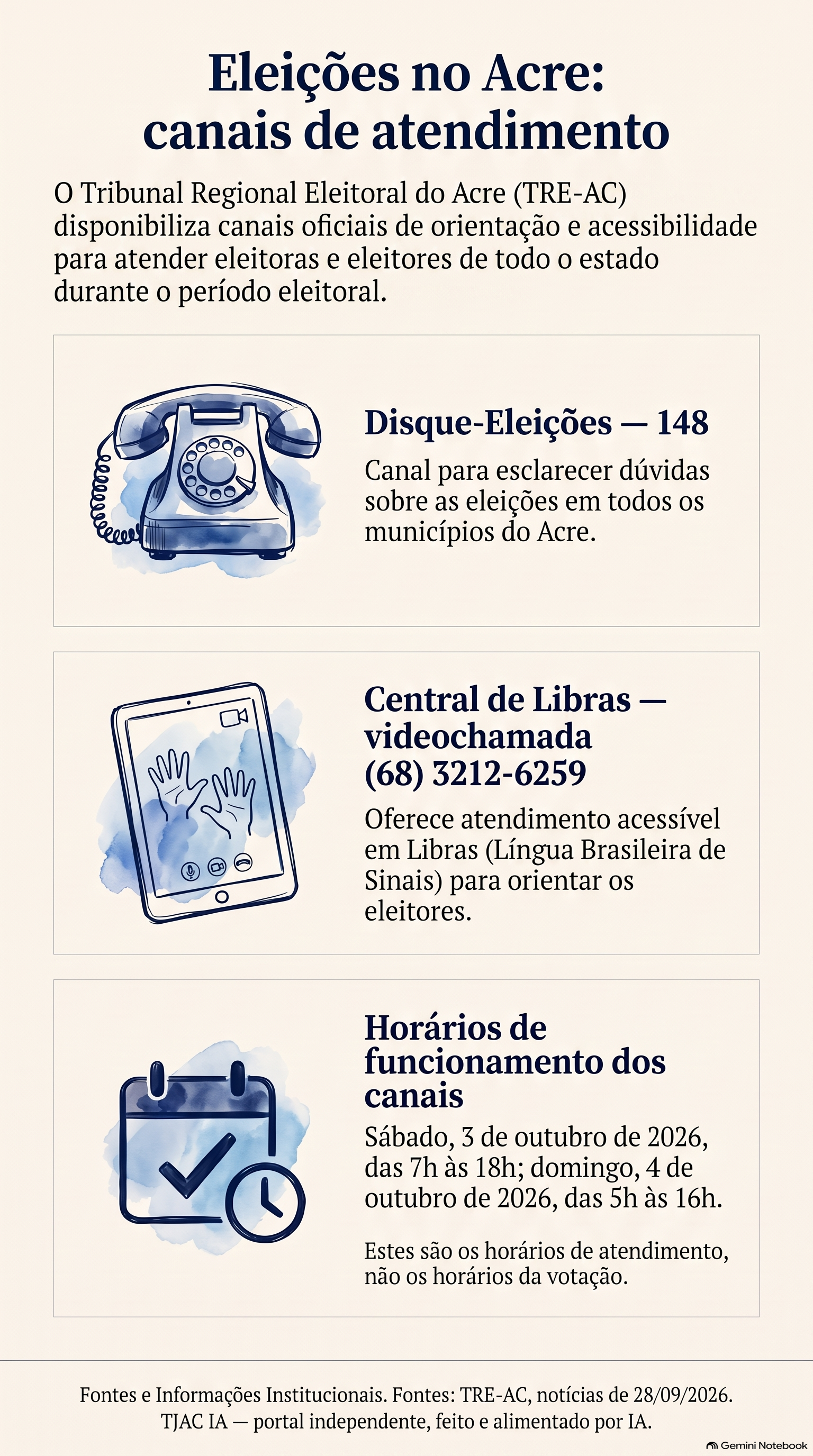 Infográfico dos canais eleitorais no Acre: 148 e videochamada da Central de Libras, com horários de atendimento em 3 e 4 de outubro de 2026. As informações também estão no texto da matéria.